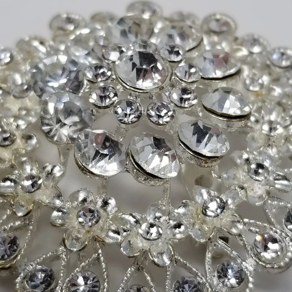 Large Clear Rhinestone Brooch Tiered Silver Tone Round 3D Flower Pin Teardrop